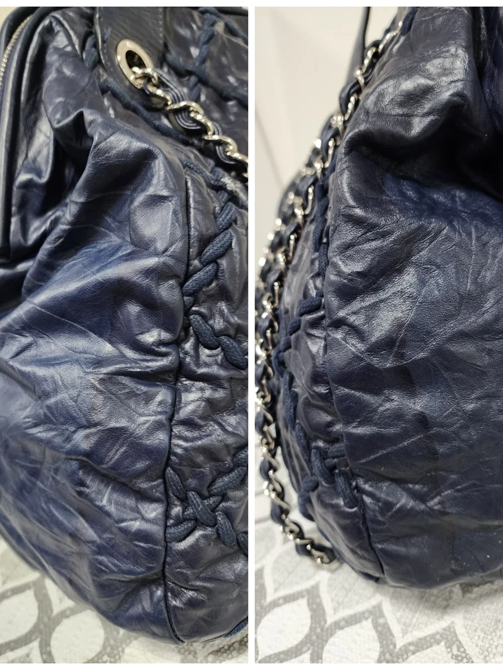 CHANEL Ultra Stitch Leather Bowling Bag Navy Blue